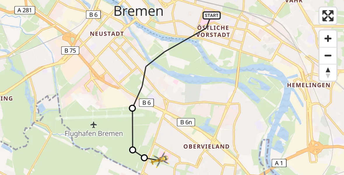 Flugroute Rettungshubschrauber Bremen - ADAC Air Rescue Station Bremen Hubschrauberlandeplatz (Christoph 6), 13 Juli 2026, 14:27