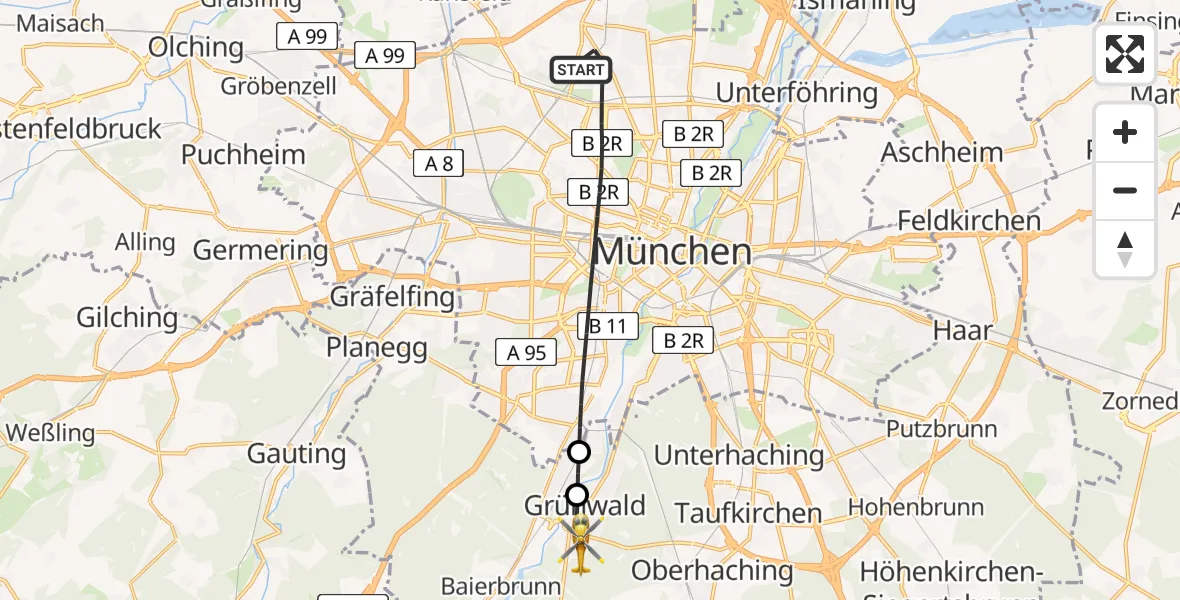 Flugroute Rettungshubschrauber München - Grünwald, 13 Juli 2026, 14:28