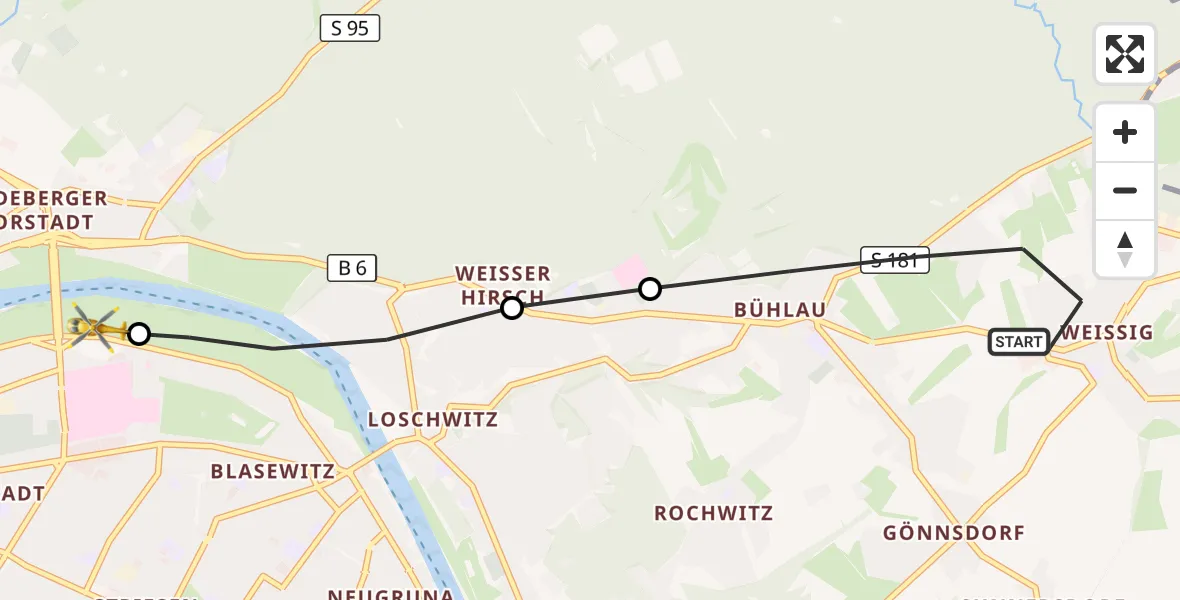 Flugroute Rettungshubschrauber Dresden - Dresden Elbwiesen Hubschrauberlandeplatz, 13 Juli 2026, 14:29