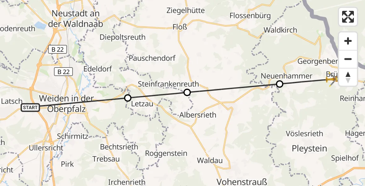 Flugroute Ambulanzhubschrauber Weiden i.d.OPf. - Georgenberg, 13 Juli 2026, 14:31