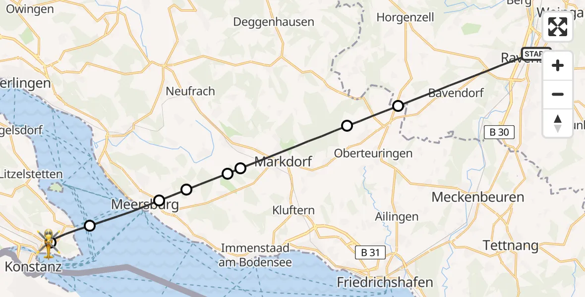 Flugroute Rettungshubschrauber Ravensburg - Konstanz Hospital, 13 Juli 2026, 14:38