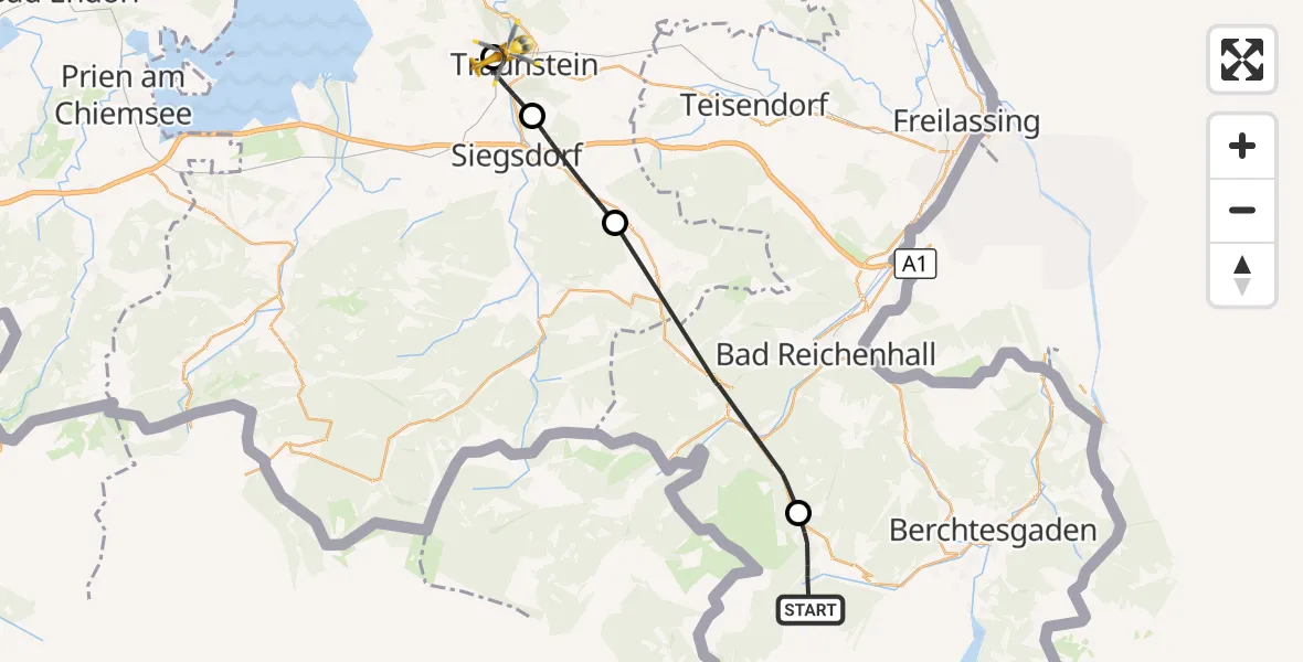 Flugroute Rettungshubschrauber Ramsau b.Berchtesgaden - Traunstein Hospital, 13 Juli 2026, 14:48