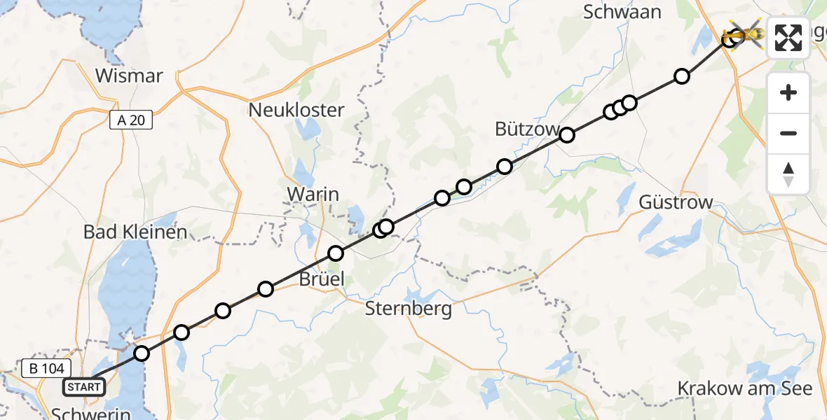 Flugroute Rettungshubschrauber Schwerin - Flughafen Rostock-Laage, 13 Juli 2026, 14:50
