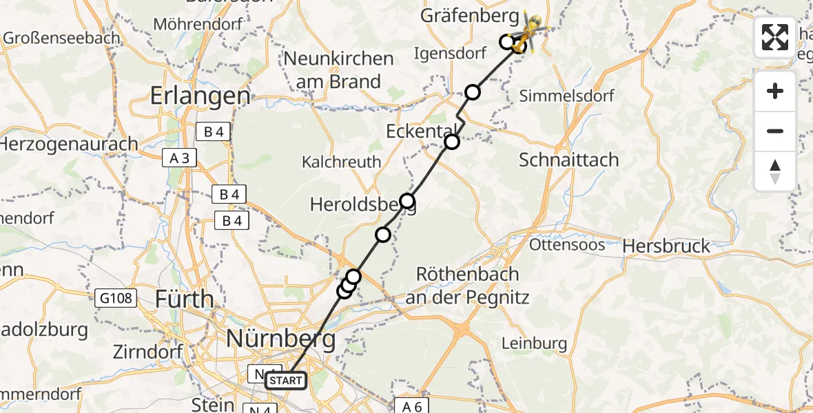 Flugroute Rettungshubschrauber Nürnberg - Gräfenberg, 13 Juli 2026, 14:51