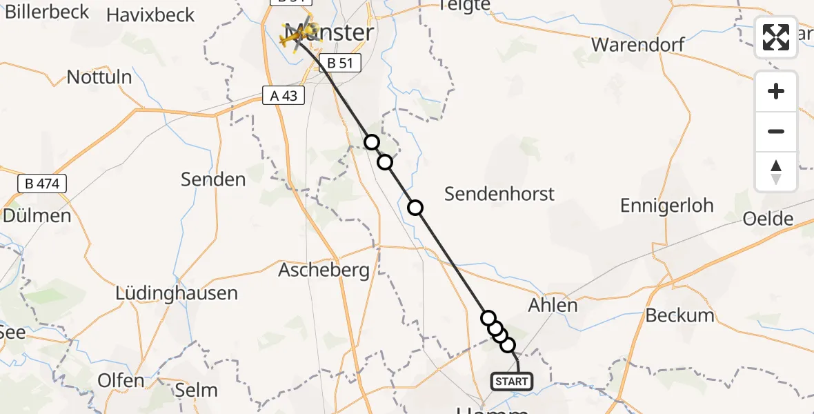 Flugroute Ambulanzhubschrauber Hamm - Münster, 13 Juli 2026, 15:05