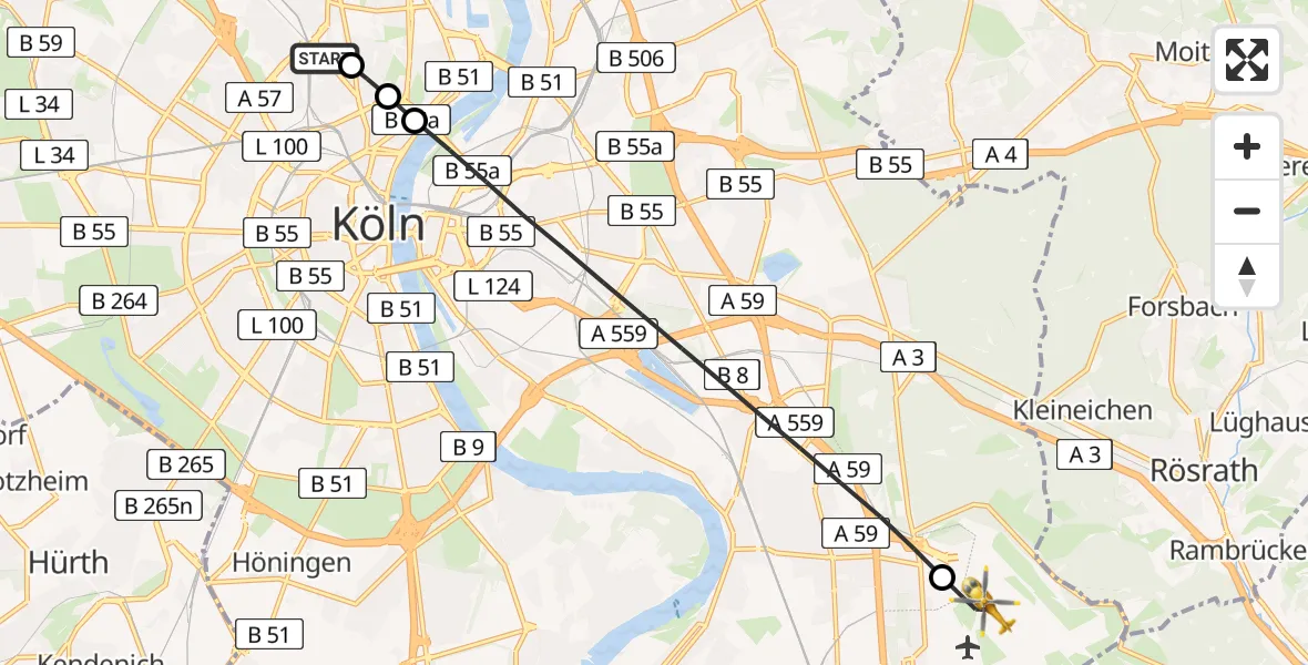 Flugroute Ambulanzhubschrauber Sankt Vinzenz Hospital - Köln Bonn Flughafen, 13 Juli 2026, 15:06