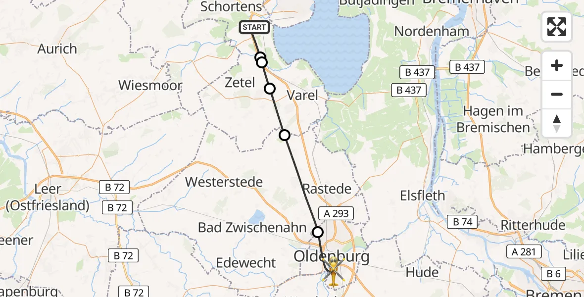 Flugroute Rettungshubschrauber Sande - Oldenburg (Oldb), 13 Juli 2026, 15:07