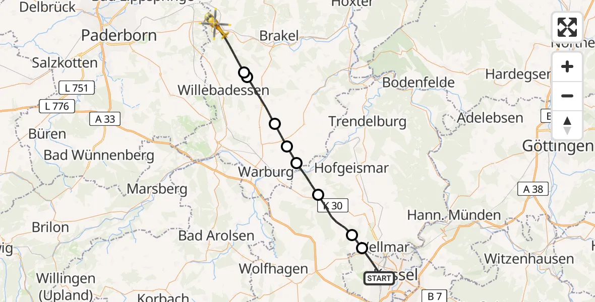 Flugroute Rettungshubschrauber Kassel - Bad Driburg, 13 Juli 2026, 15:08