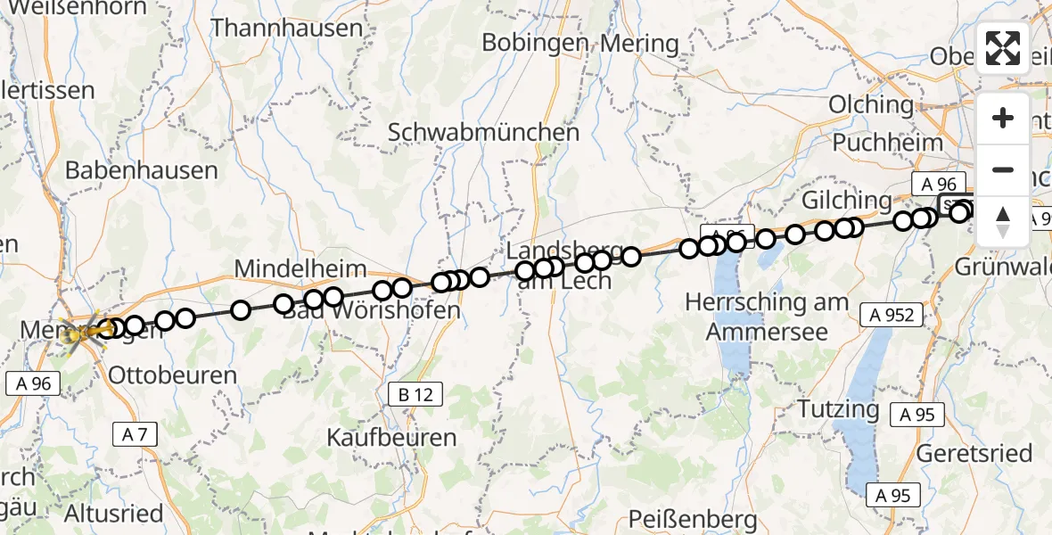 Flugroute Rettungshubschrauber DRF Air Rescue München Hubschrauberlandeplatz - Memmingen Hospital Hubschrauberlandeplatz, 13 Juli 2026, 15:11