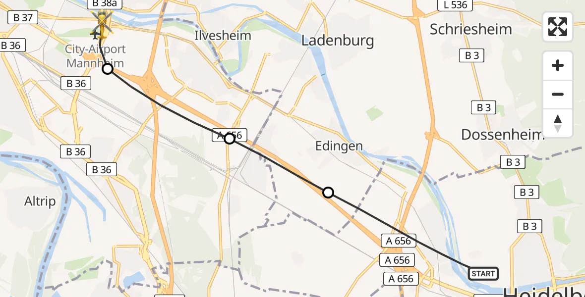 Flugroute Rettungshubschrauber Heidelberg - Mannheim-City Flughafen, 13 Juli 2026, 15:17