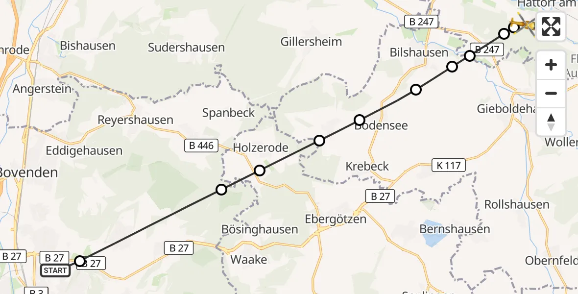 Flugroute Rettungshubschrauber Göttingen University Clinic Hubschrauberlandeplatz - Hattorf am Harz, 13 Juli 2026, 15:25
