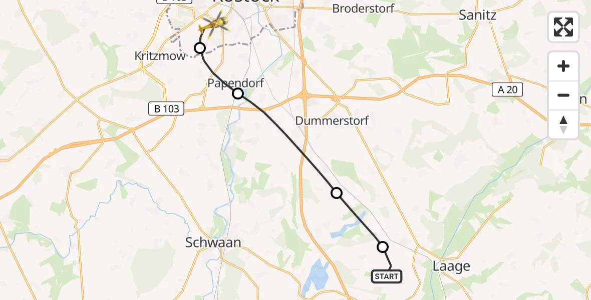 Flugroute Rettungshubschrauber Flughafen Rostock-Laage - Rostock, 13 Juli 2026, 15:26