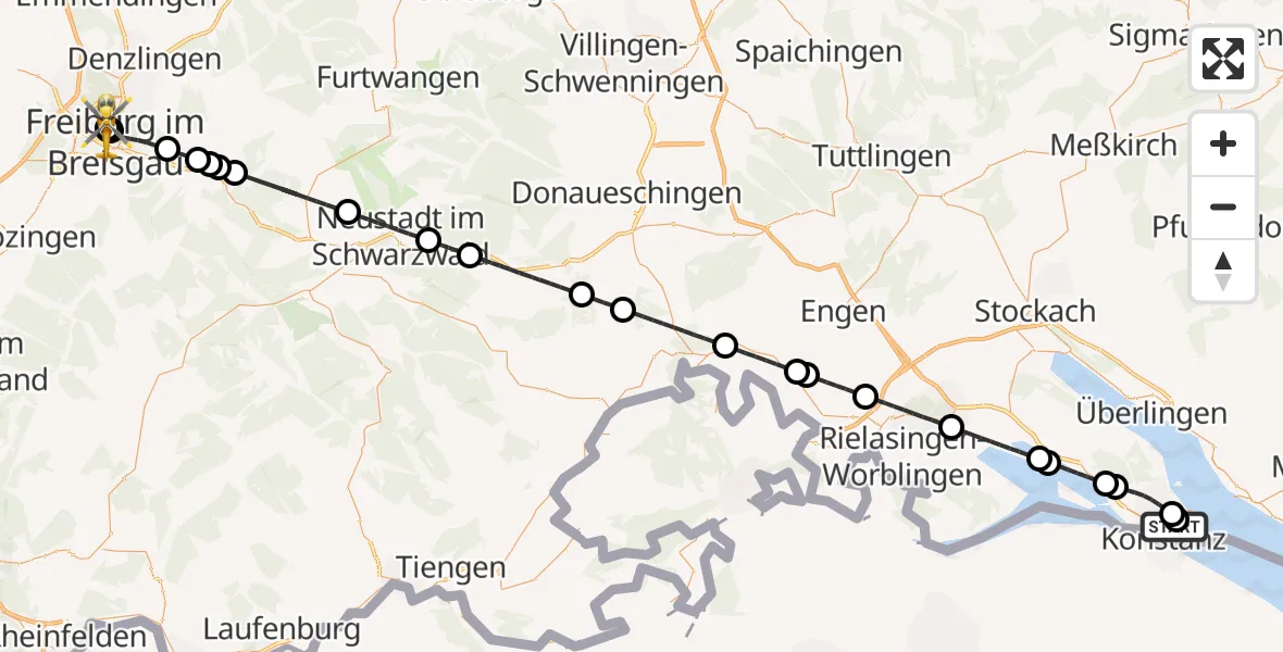 Flugroute Rettungshubschrauber Konstanz Hospital - Freiburg University Hospital Heliport 1, 13 Juli 2026, 15:27