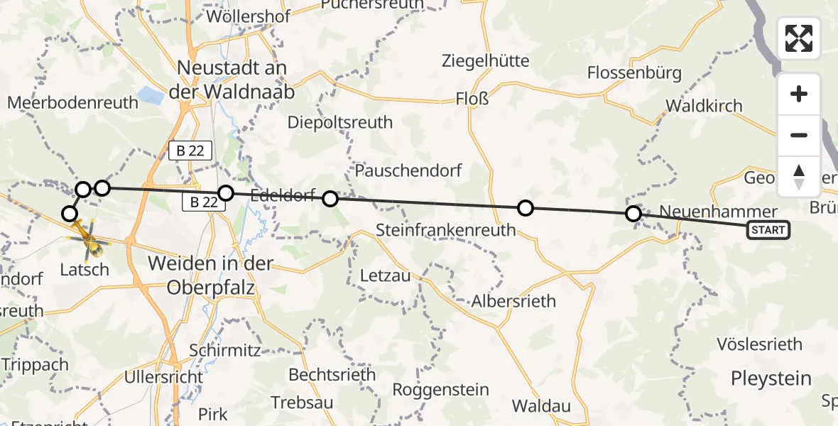 Flugroute Ambulanzhubschrauber Georgenberg - Weiden i.d.OPf., 13 Juli 2026, 15:29
