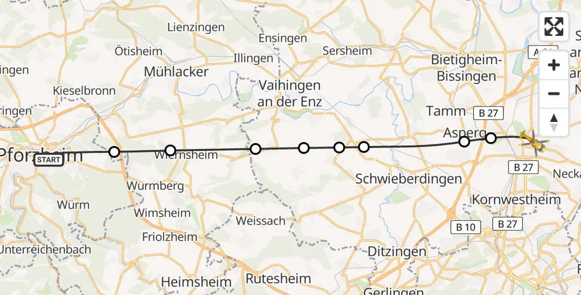 Flugroute Rettungshubschrauber Pforzheim - Ludwigsburg, 13 Juli 2026, 15:35