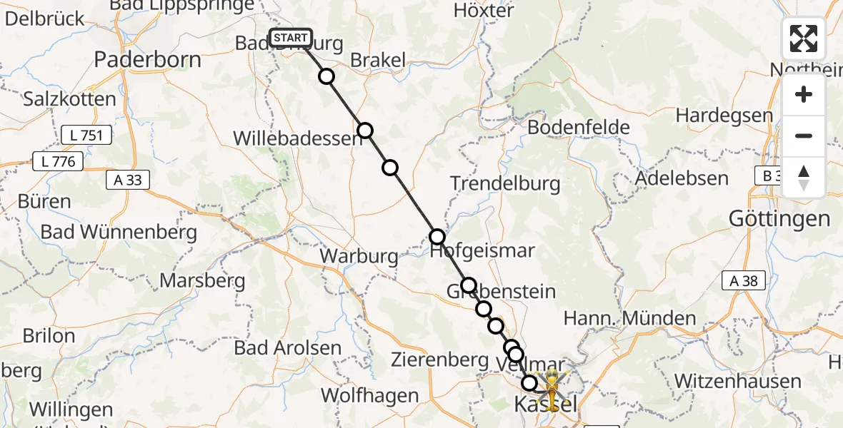 Flugroute Rettungshubschrauber Bad Driburg - Kassel, 13 Juli 2026, 15:36