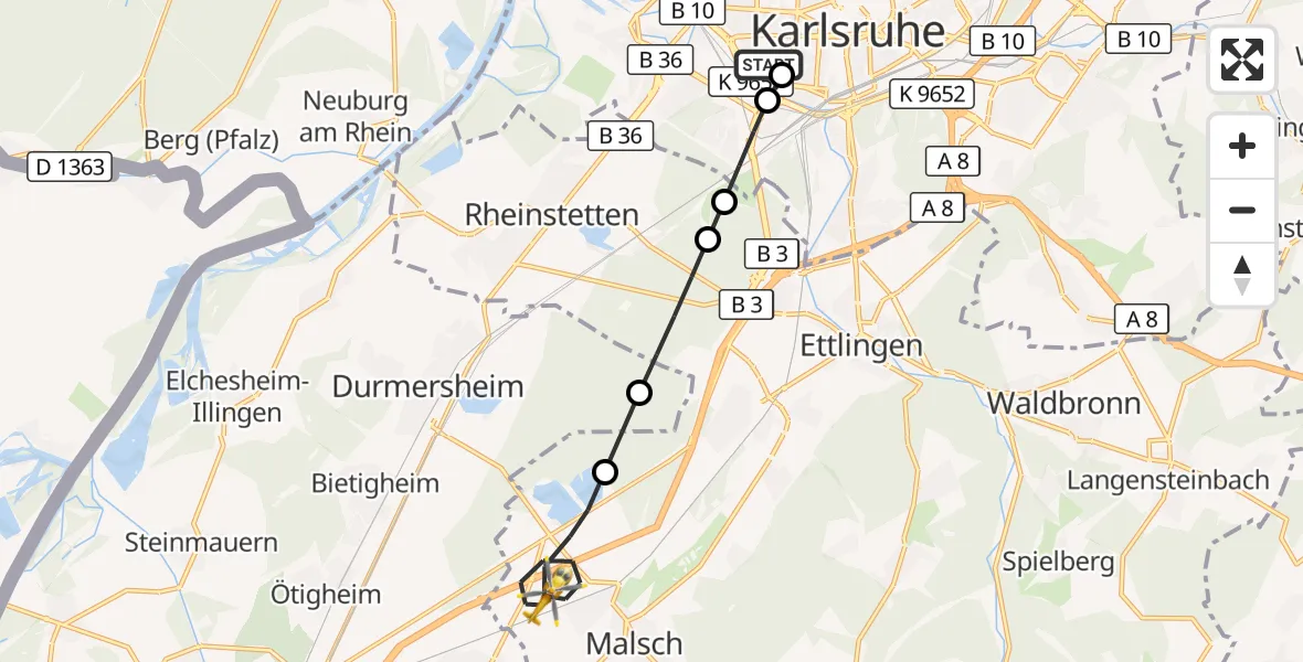 Flugroute Ambulanzhubschrauber Sankt Vincentius Hospital - Malsch, 13 Juli 2026, 15:39