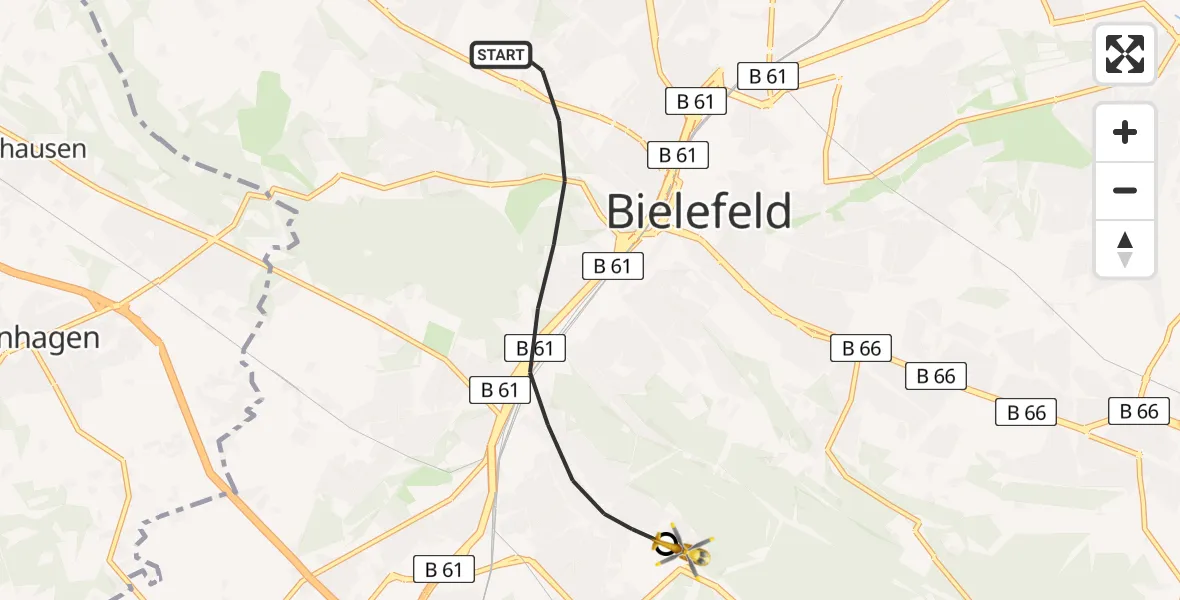 Flugroute Rettungshubschrauber Bielefeld - Luftrettungszentrum Bielefeld, 13 Juli 2026, 15:40