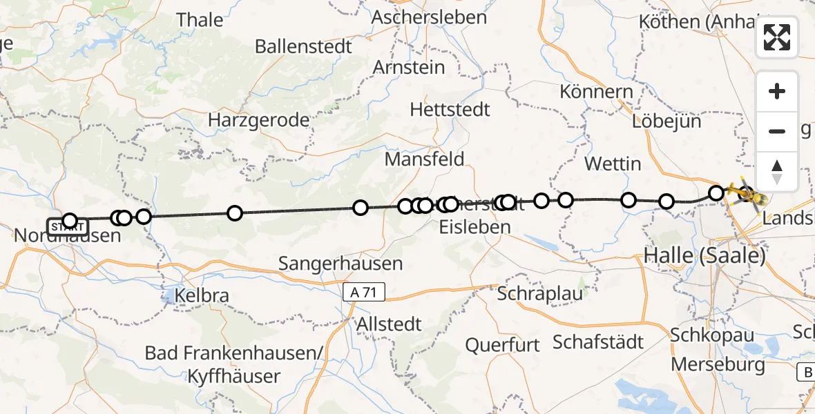Flugroute Rettungshubschrauber Südharz Hospital Nordhausen - Halle-Oppin Flugplatz, 13 Juli 2026, 15:41