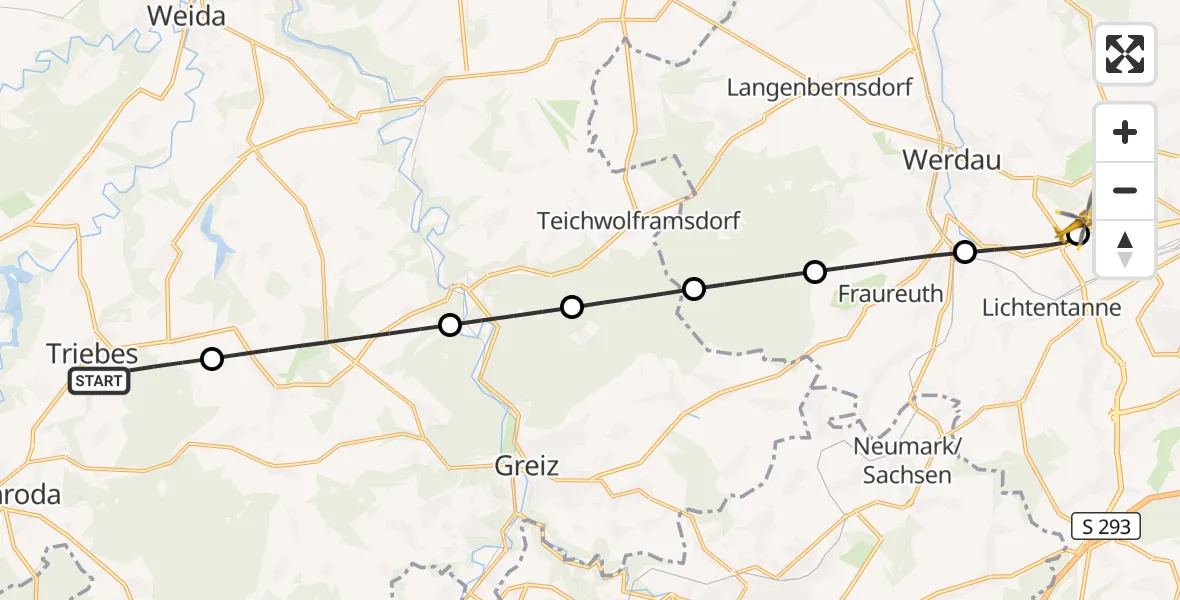 Flugroute Rettungshubschrauber Zeulenroda-Triebes - ADAC Air Rescue Station Zwickau Hubschrauberlandeplatz, 13 Juli 2026, 15:45