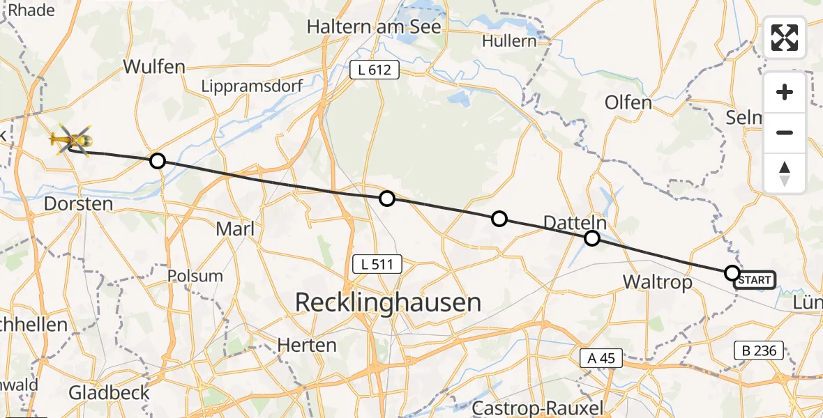 Flugroute Rettungshubschrauber Lünen - Dorsten, 13 Juli 2026, 15:56