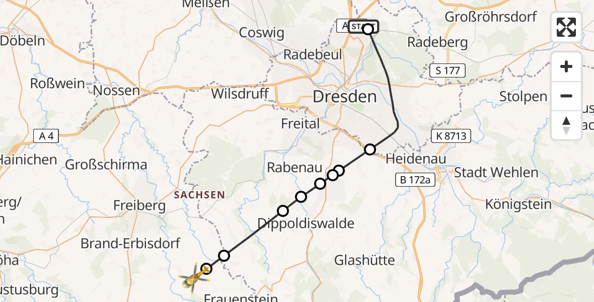 Flugroute Rettungshubschrauber Dresden Bundespolizei Hubschrauberlandeplatz - Lichtenberg/Erzgeb., 13 Juli 2026, 15:57