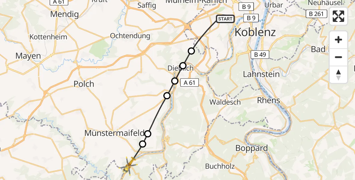 Flugroute Rettungshubschrauber Koblenz - Hatzenport, 13 Juli 2026, 15:59