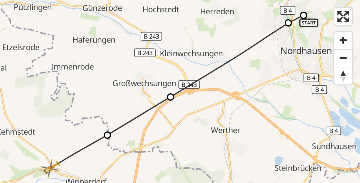 Flugroute Rettungshubschrauber Südharz Hospital Nordhausen - Bleicherode, 13 Juli 2026, 16:00