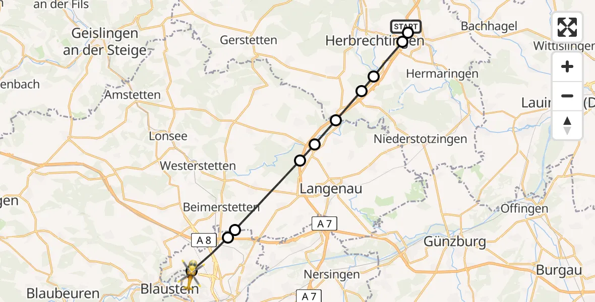 Flugroute Rettungshubschrauber Giengen/Brenz Flugplatz - Ulm Military Hospital Emergency, 13 Juli 2026, 16:03
