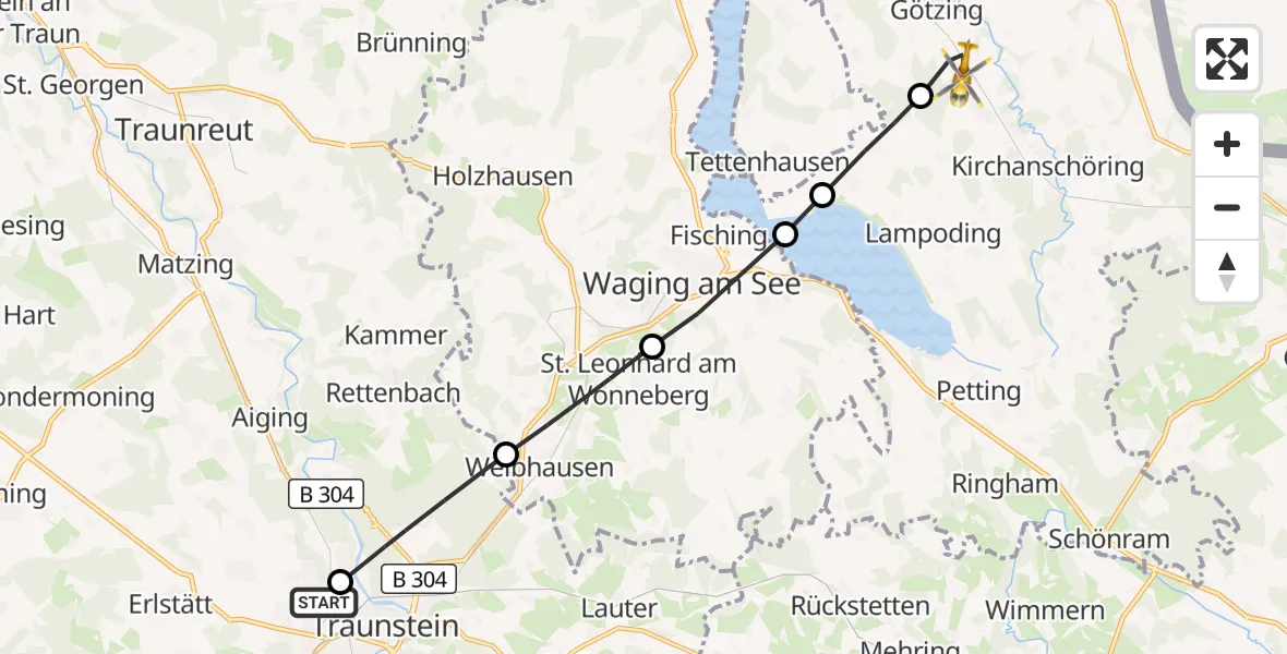 Flugroute Rettungshubschrauber Traunstein Hospital - Fridolfing, 13 Juli 2026, 16:04