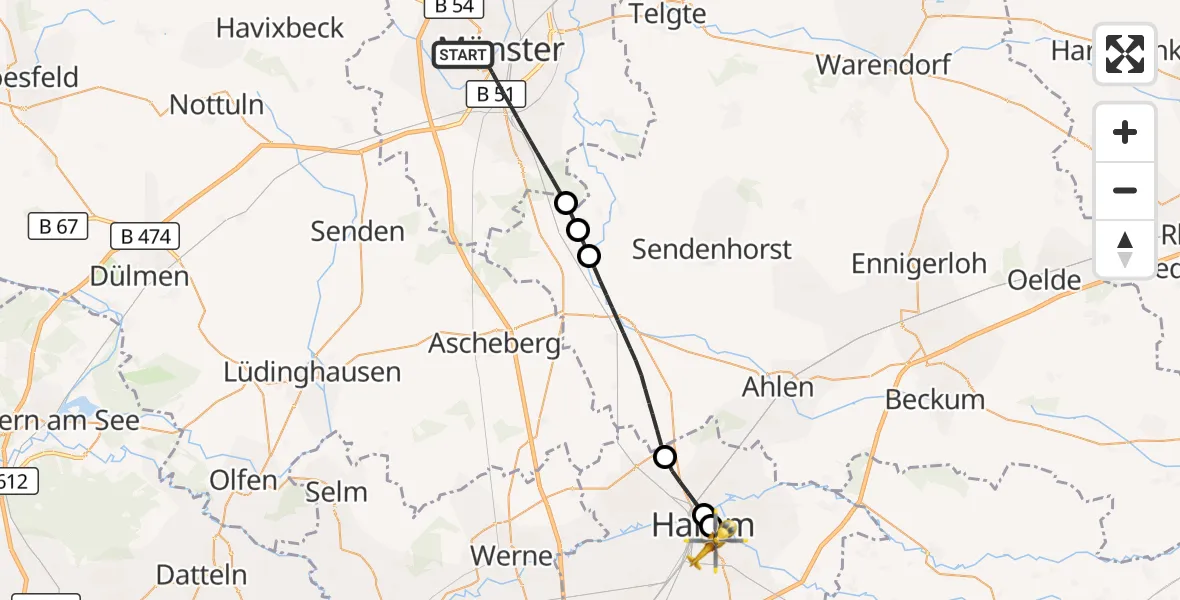 Flugroute Ambulanzhubschrauber Münster - Hamm, 13 Juli 2026, 16:10