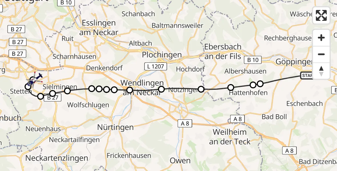 Flugroute Polizeihubschrauber Göppingen - Flughafen Stuttgart, 13 Juli 2026, 16:11
