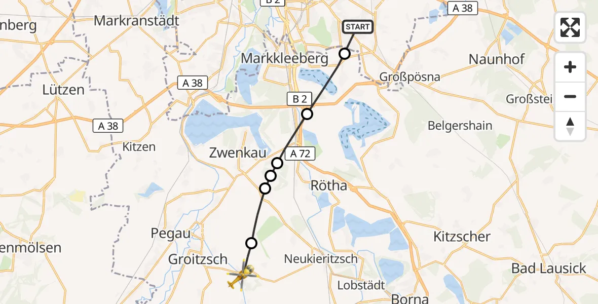 Flugroute Rettungshubschrauber Leipzig - Groitzsch, 13 Juli 2026, 16:14