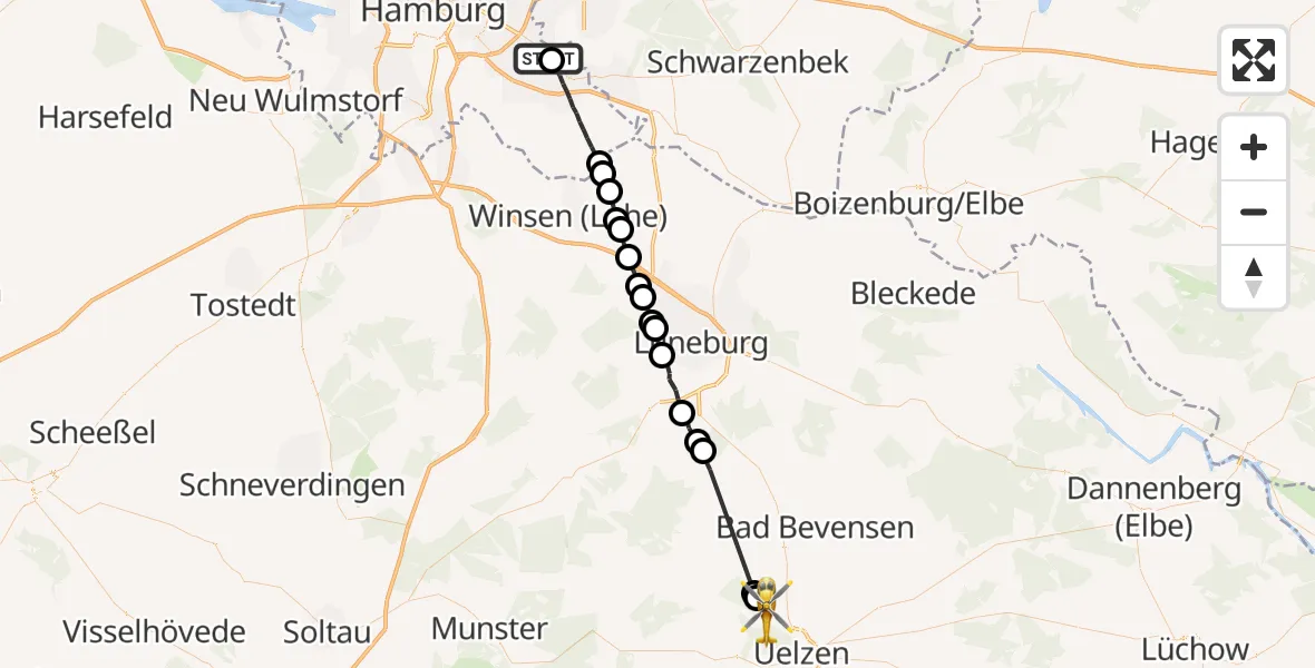 Flugroute Rettungshubschrauber Christoph Hansa ADAC Hubschrauberlandeplatz - Uelzen, 13 Juli 2026, 16:14