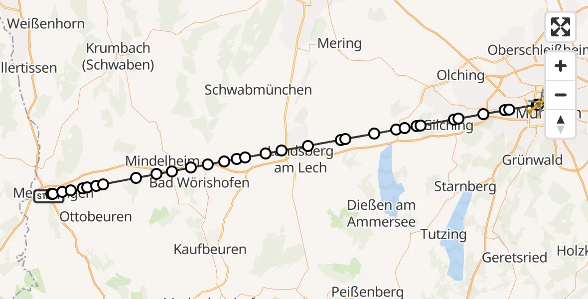 Flugroute Rettungshubschrauber Memmingen Hospital - Deutsches Herzzentrum München, 13 Juli 2026, 16:15