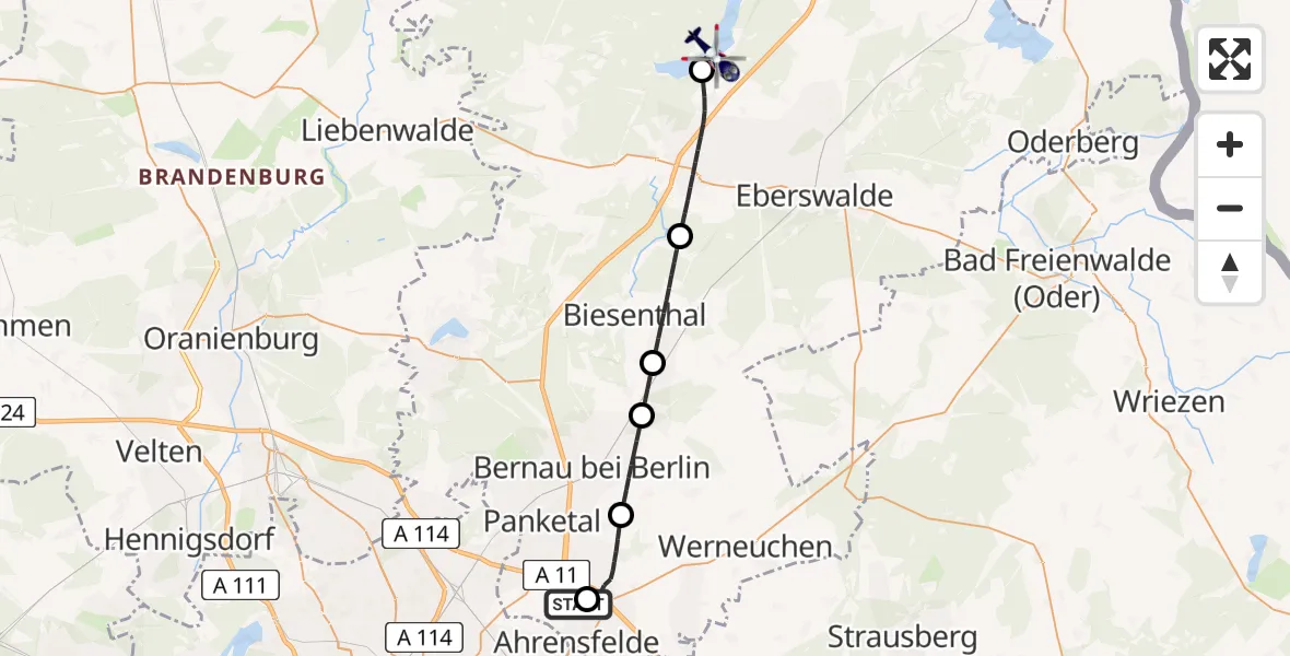 Flugroute Polizeihubschrauber Ahrensfelde Hubschrauberlandeplatz - Joachimsthal, 13 Juli 2026, 16:15