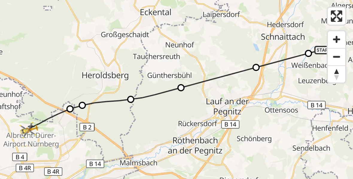 Flugroute Ambulanzhubschrauber Schnaittach - Flughafen Nuremberg, 13 Juli 2026, 16:20