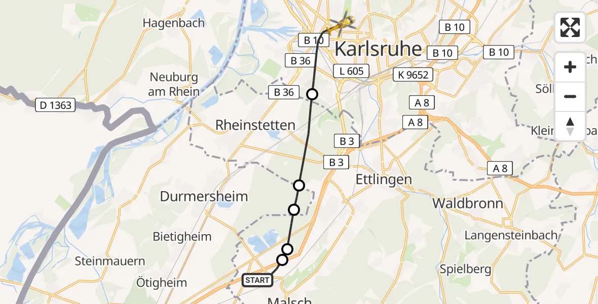 Flugroute Ambulanzhubschrauber Malsch - Karlsruhe, 13 Juli 2026, 16:21