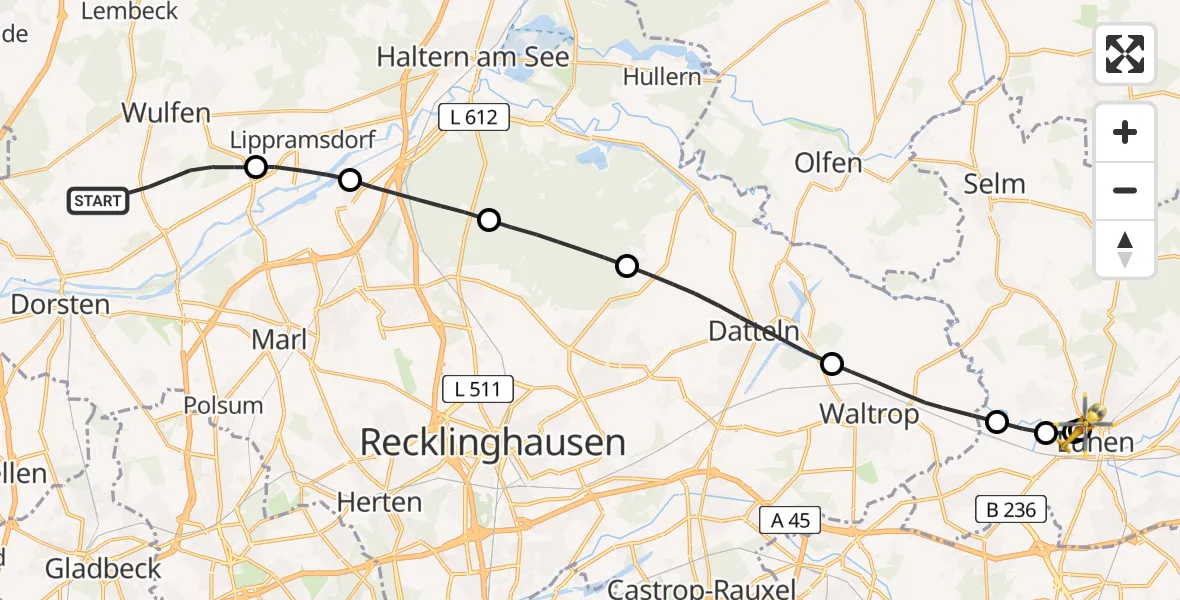 Flugroute Rettungshubschrauber Dorsten - Sankt Marien Hospital, 13 Juli 2026, 16:22