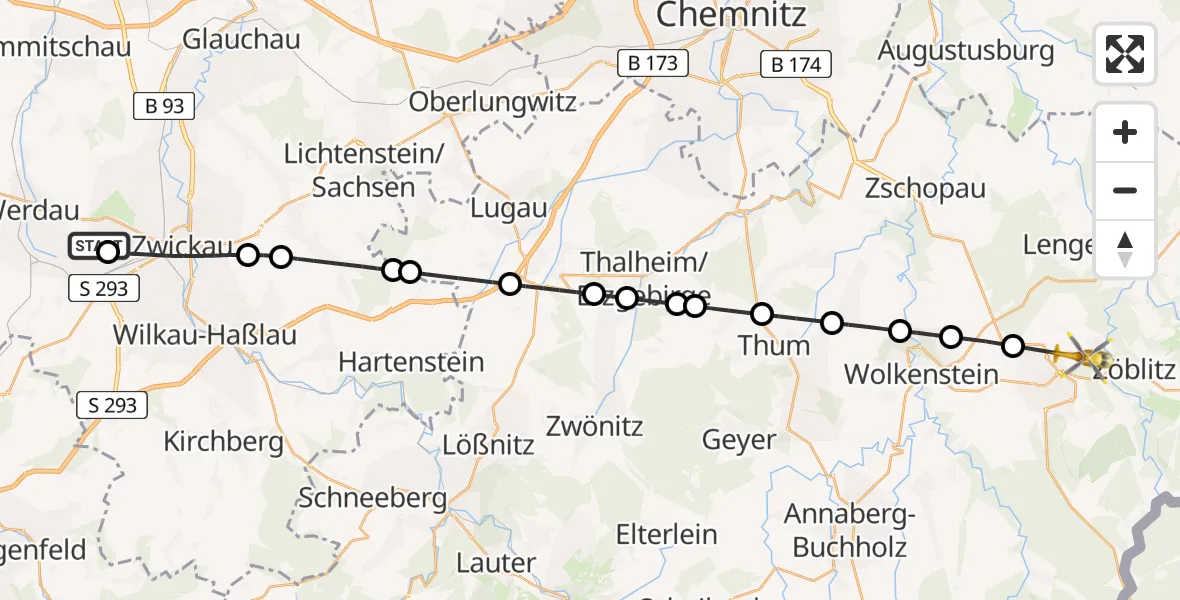 Flugroute Rettungshubschrauber ADAC Air Rescue Station Zwickau Hubschrauberlandeplatz - Marienberg, 13 Juli 2026, 16:22