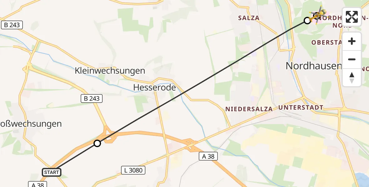 Flugroute Rettungshubschrauber Werther - Südharz Hospital Nordhausen, 13 Juli 2026, 16:23