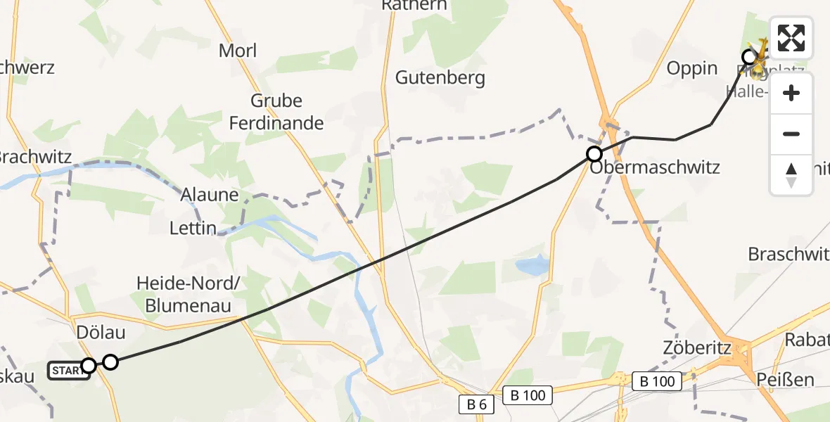 Flugroute Rettungshubschrauber Martha-Maria Halle-Dölau Hospital - Halle-Oppin Flugplatz, 13 Juli 2026, 16:29