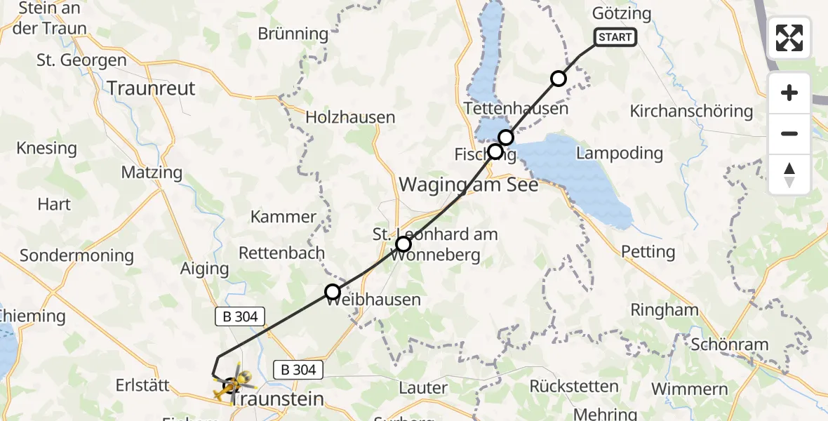 Flugroute Rettungshubschrauber Fridolfing - Traunstein Hospital, 13 Juli 2026, 16:31