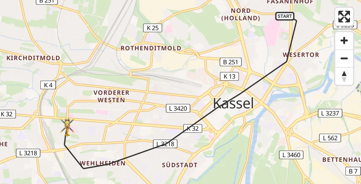 Flugroute Rettungshubschrauber Kassel - Kassel, 13 Juli 2026, 16:31
