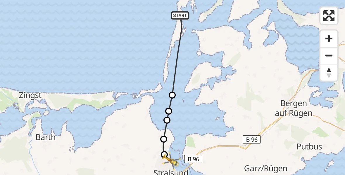 Flugroute Rettungshubschrauber Insel Hiddensee - Stralsund, 13 Juli 2026, 16:34