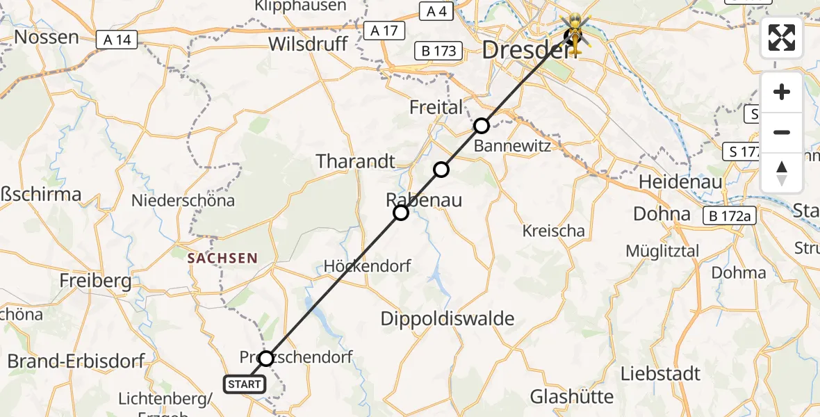 Flugroute Rettungshubschrauber Bobritzsch-Hilbersdorf - Dresden University Hospital, 13 Juli 2026, 16:35