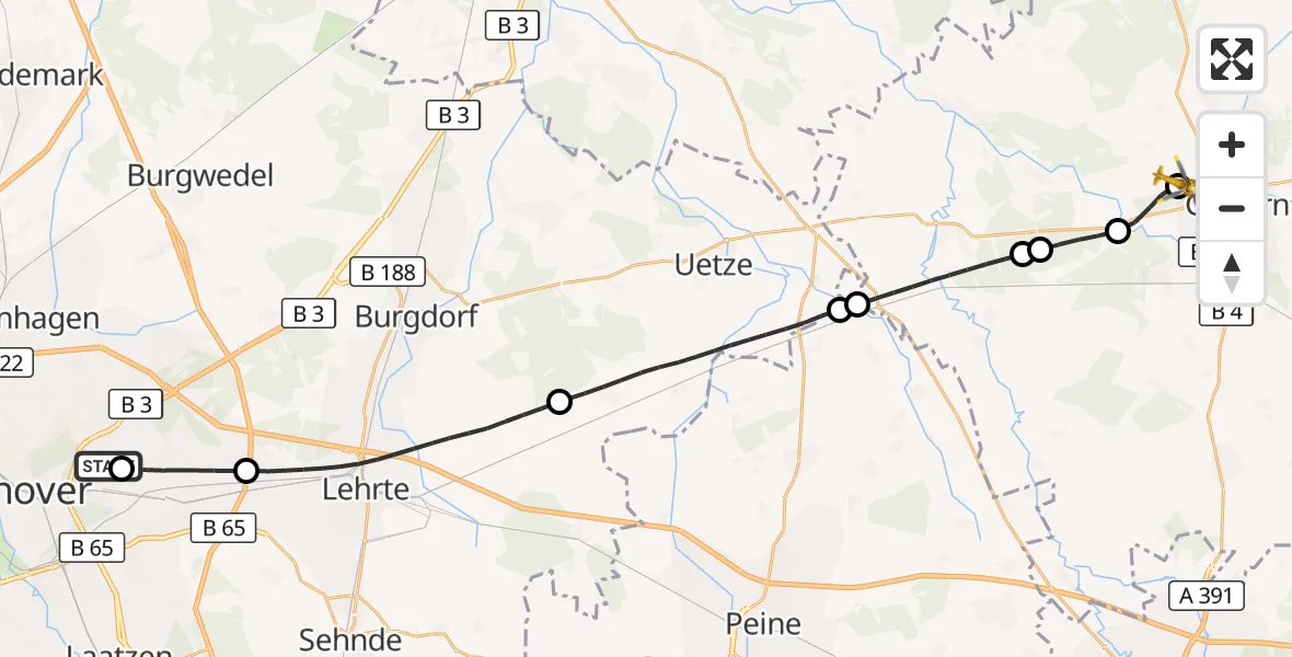 Flugroute Rettungshubschrauber Hannover Luftrettung Hubschrauberlandeplatz (Christoph 4) - Gifhorn Bundespolizei Hubschrauberlandeplatz, 13 Juli 2026, 16:37