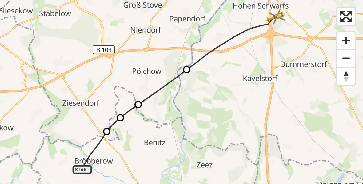 Flugroute Ambulanzhubschrauber Bröbberow - Dummerstorf, 13 Juli 2026, 16:40