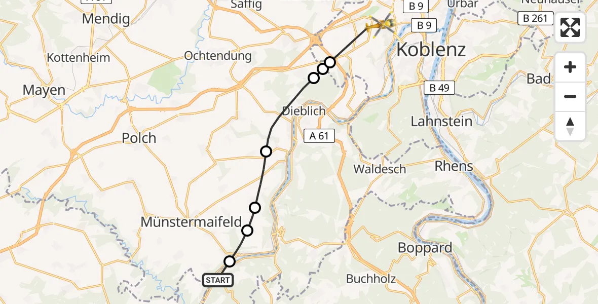 Flugroute Rettungshubschrauber Burgen - Koblenz, 13 Juli 2026, 16:41