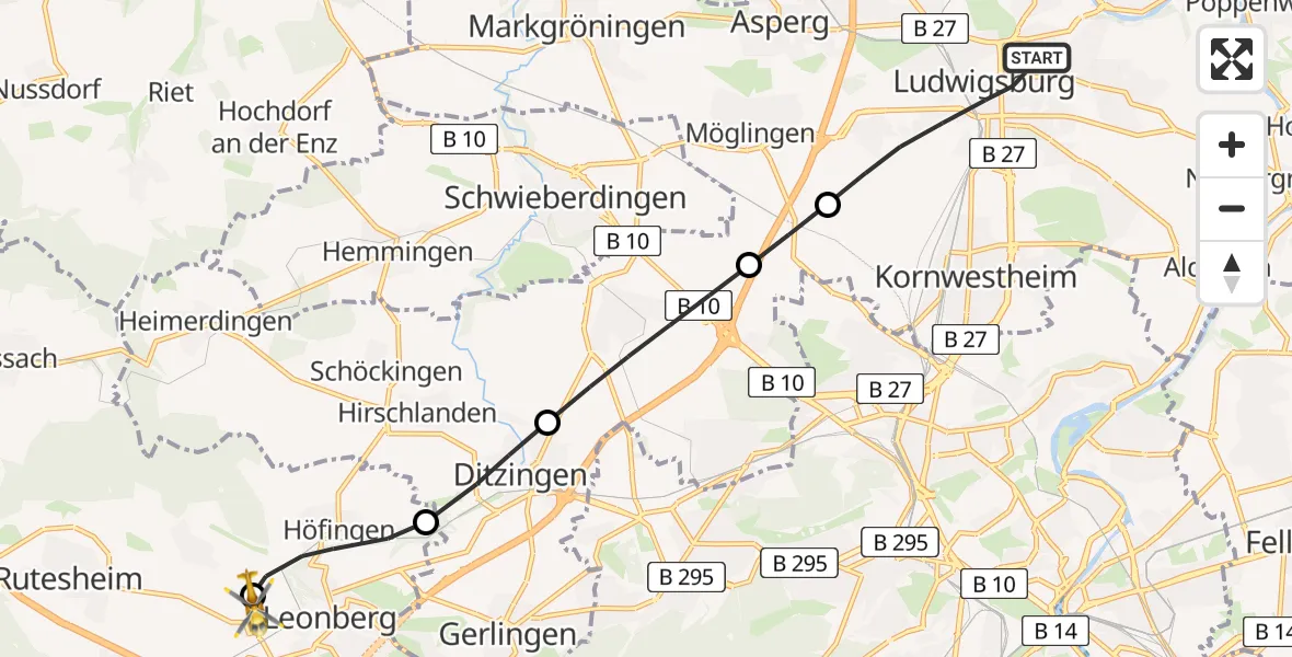 Flugroute Rettungshubschrauber Ludwigsburg - Leonberg Hospital Hubschrauberlandeplatz, 13 Juli 2026, 16:42